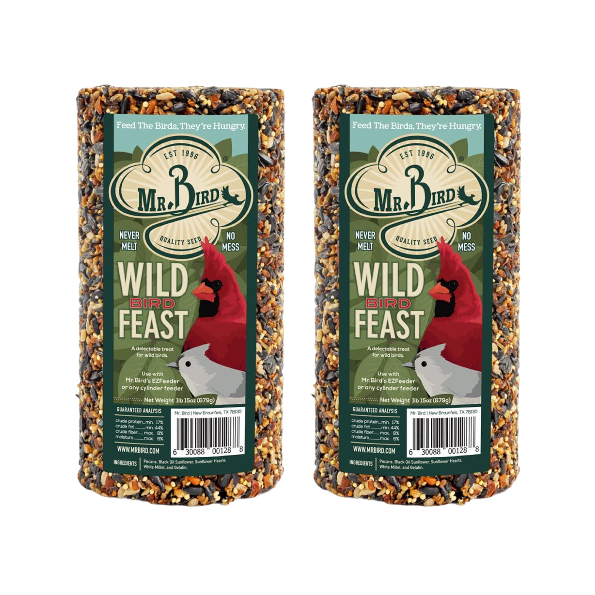 Mr. Bird front packaging cylinder 2-pack showing product and weight benefits