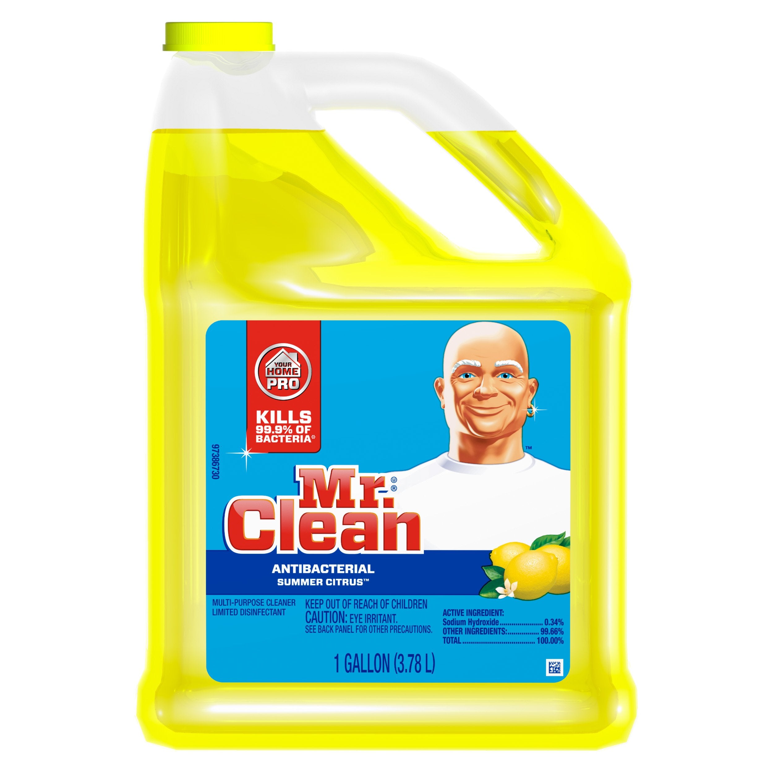 Mr. Clean frente del envase 128 oz mostrando etiqueta y aroma cítrico, práctico para ahorro