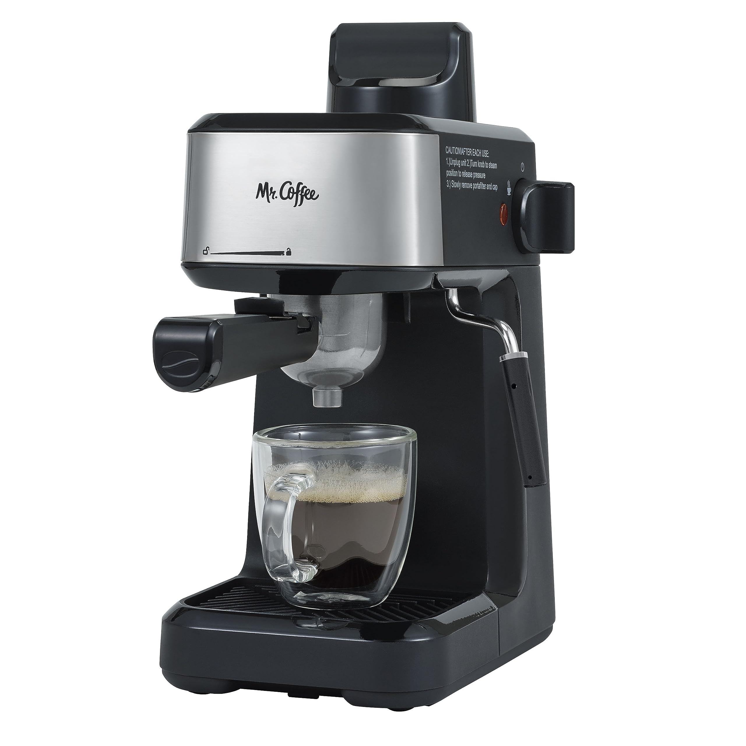 Mr. Coffee front view showing controls and portafilter for easy home brewing