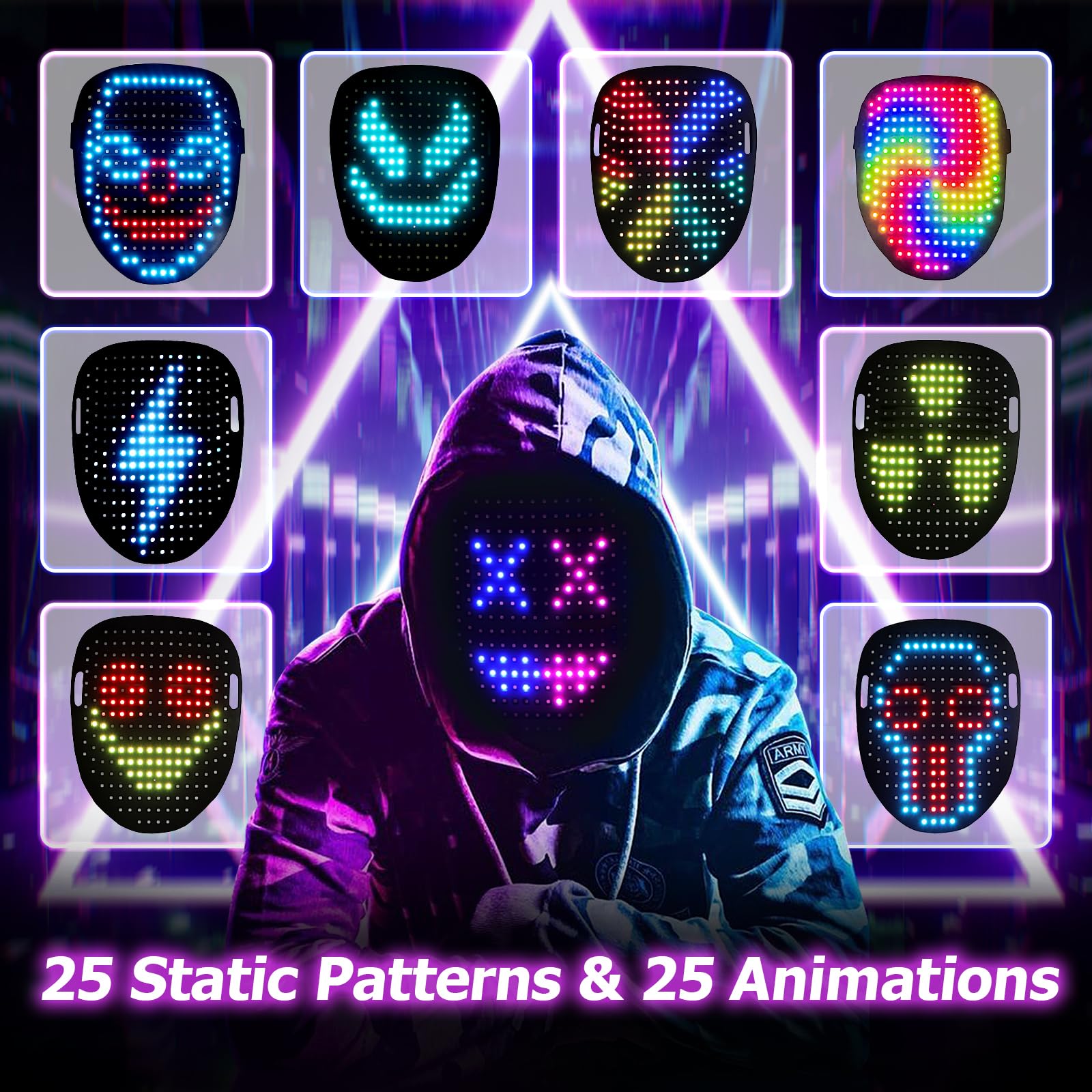 Mr.Pang close-up of LED patterns displaying varied animations and color detail