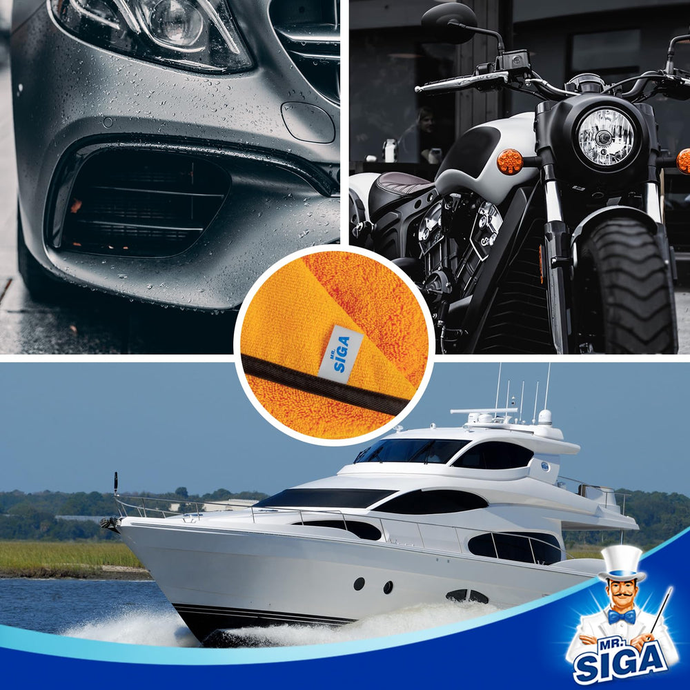 MR.SIGA towel in use drying car door for streak-free, scratch-safe finish