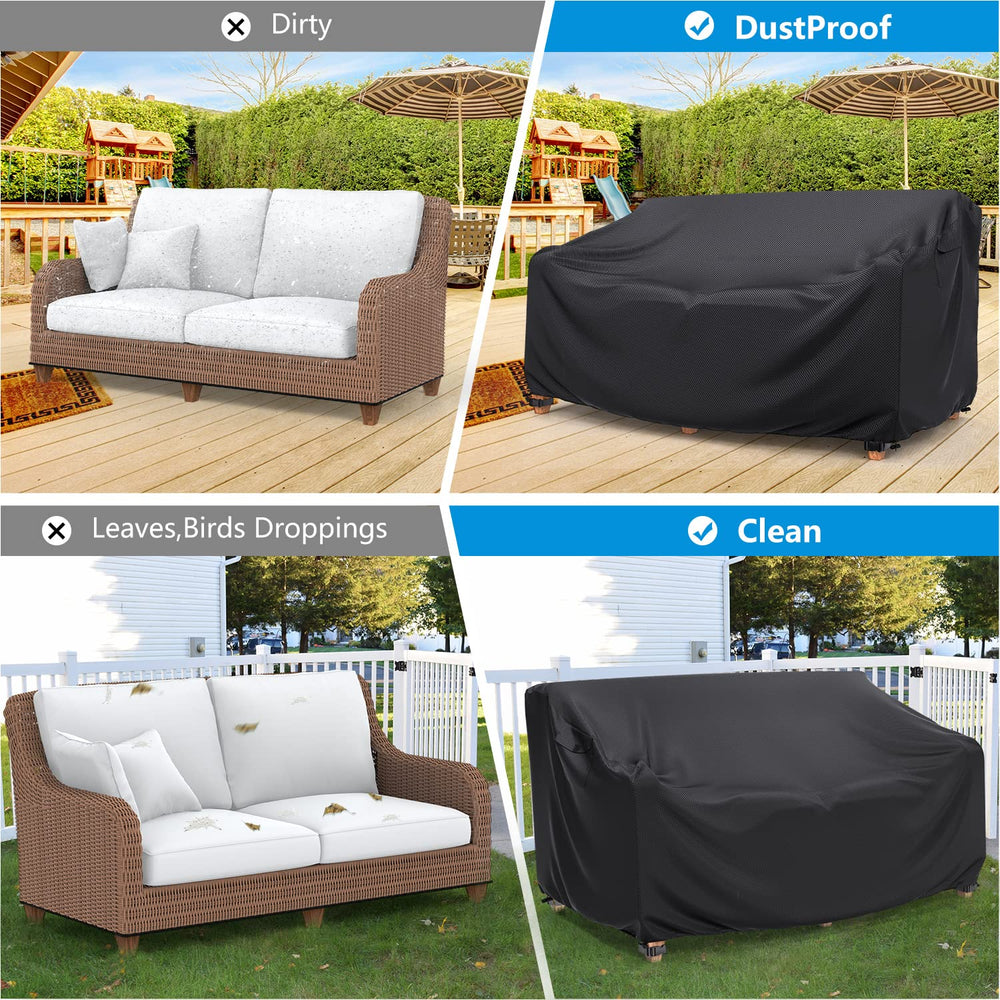 Mrrihand fitted over a two-seater sofa in a patio setting showing outdoor protection