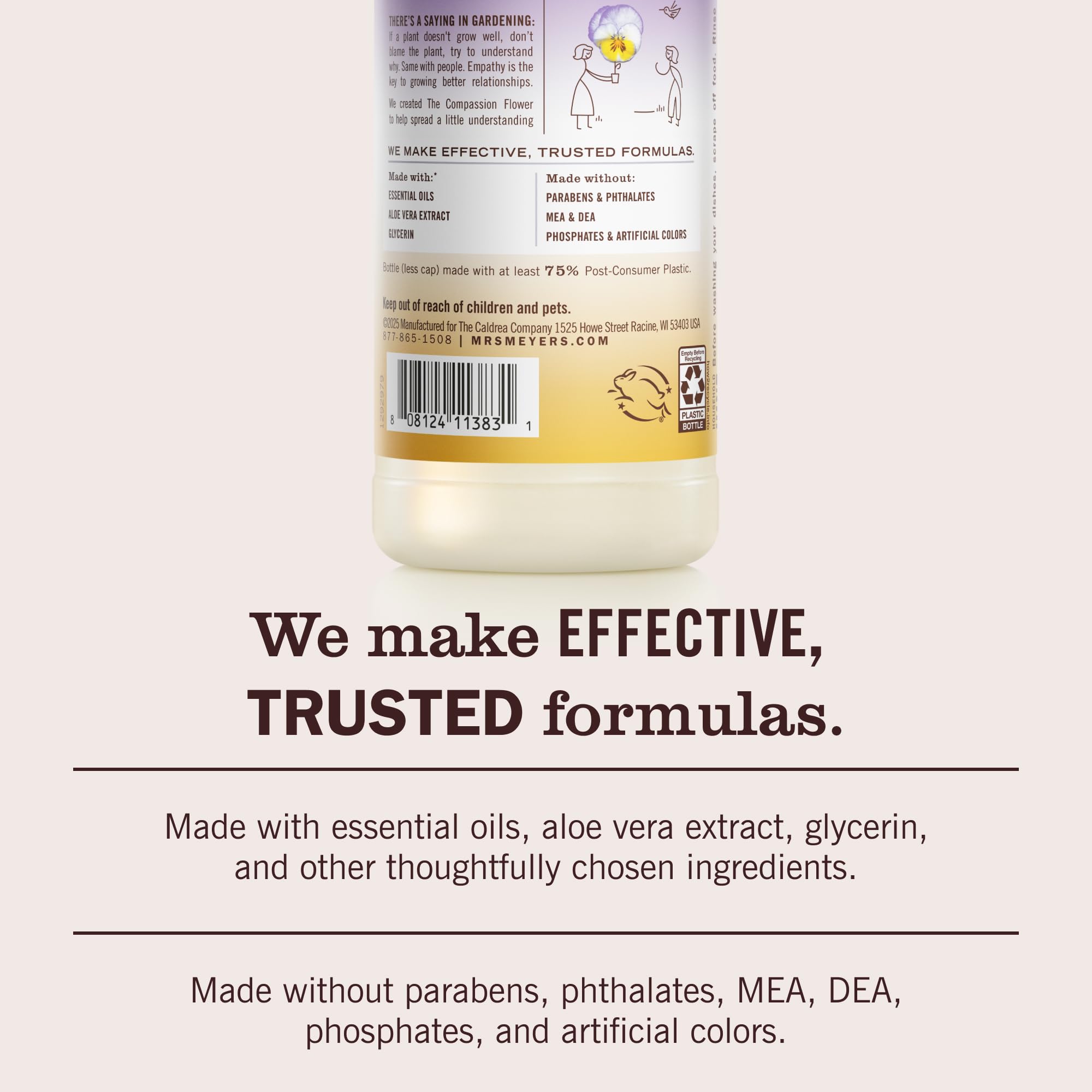 Mrs. MEYER'S etiqueta en primer plano destacando ingredientes naturales