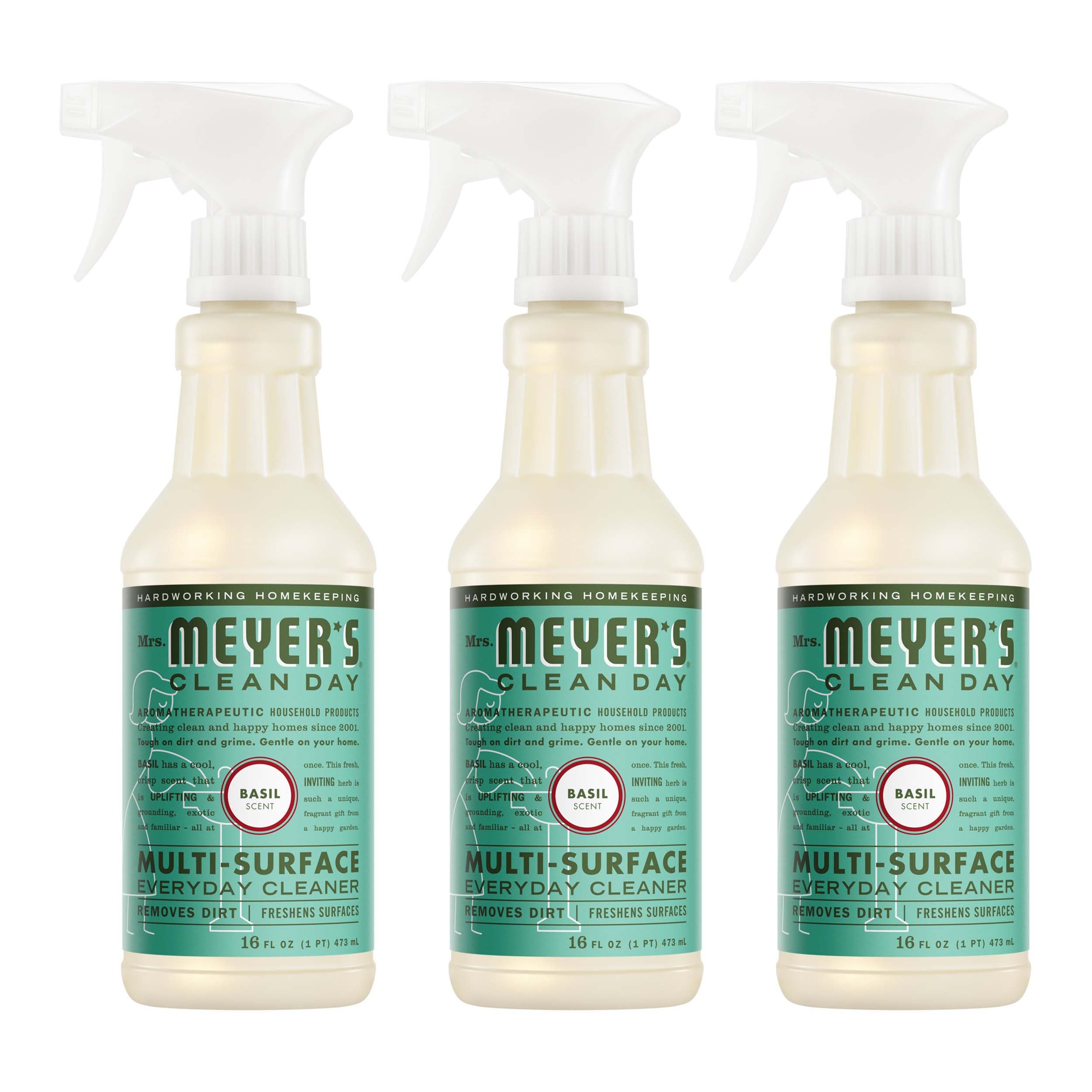 Mrs. Meyer's botella frontal albahaca mostrando etiqueta y diseño práctico