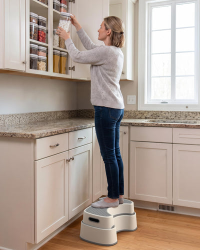 MR.SIGA stool placed beside toilet in bathroom demonstrating improved posture positioning
