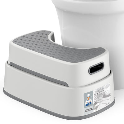 MR.SIGA front view of off-white and dark gray stool showing ergonomic shape and compact design