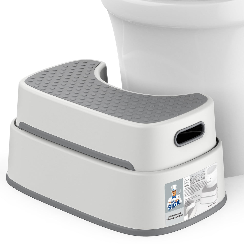 MR.SIGA front view of off-white and dark gray stool showing ergonomic shape and compact design