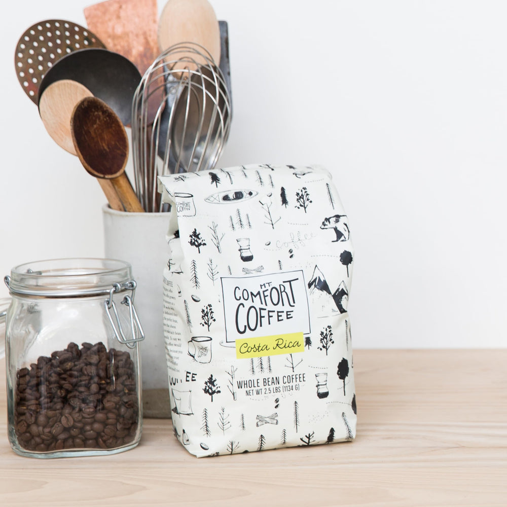 Mt. Comfort Coffee bag beside a scale illustrating the 2.5 lb size advantage