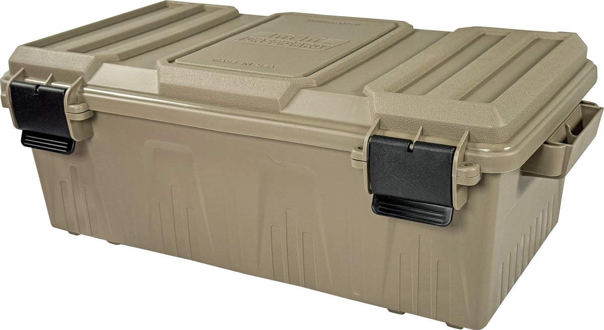 MTM ACDC30 vista frontal de la caja Dark Earth con cierre seguro