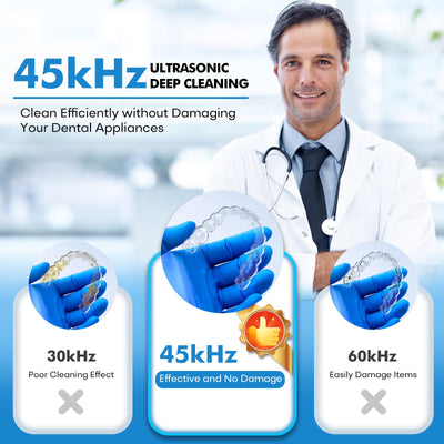 MUAYSY cleaning dentures and clear aligner together demonstrating efficient simultaneous cleaning benefit