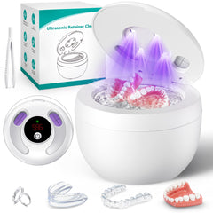 MUAYSY front view of white ultrasonic retainer cleaner showing compact design and benefit of space-saving
