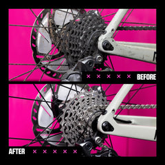 Muc-Off spray aplicándose en cadena para eliminar grasa rápidamente
