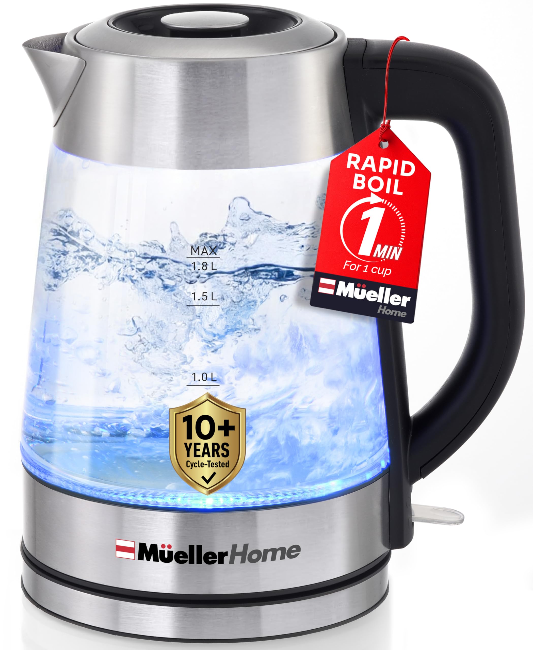 MUELLER HOME vista frontal del hervidor con luz LED y capacidad 1.8L