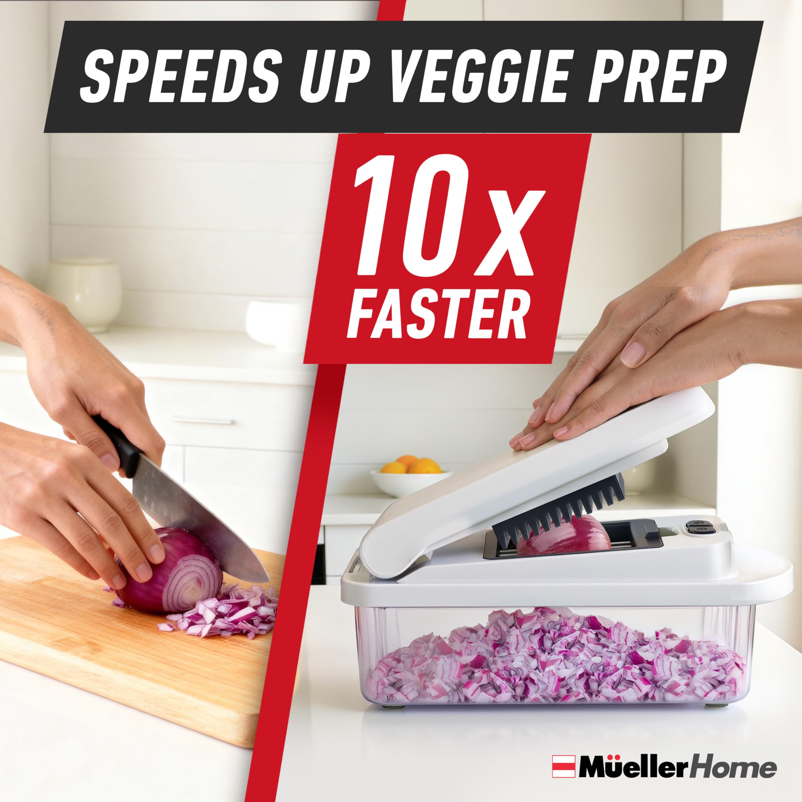 MUELLER HOME mandolina mostrando rebanado de 2 mm para salsas uniformes
