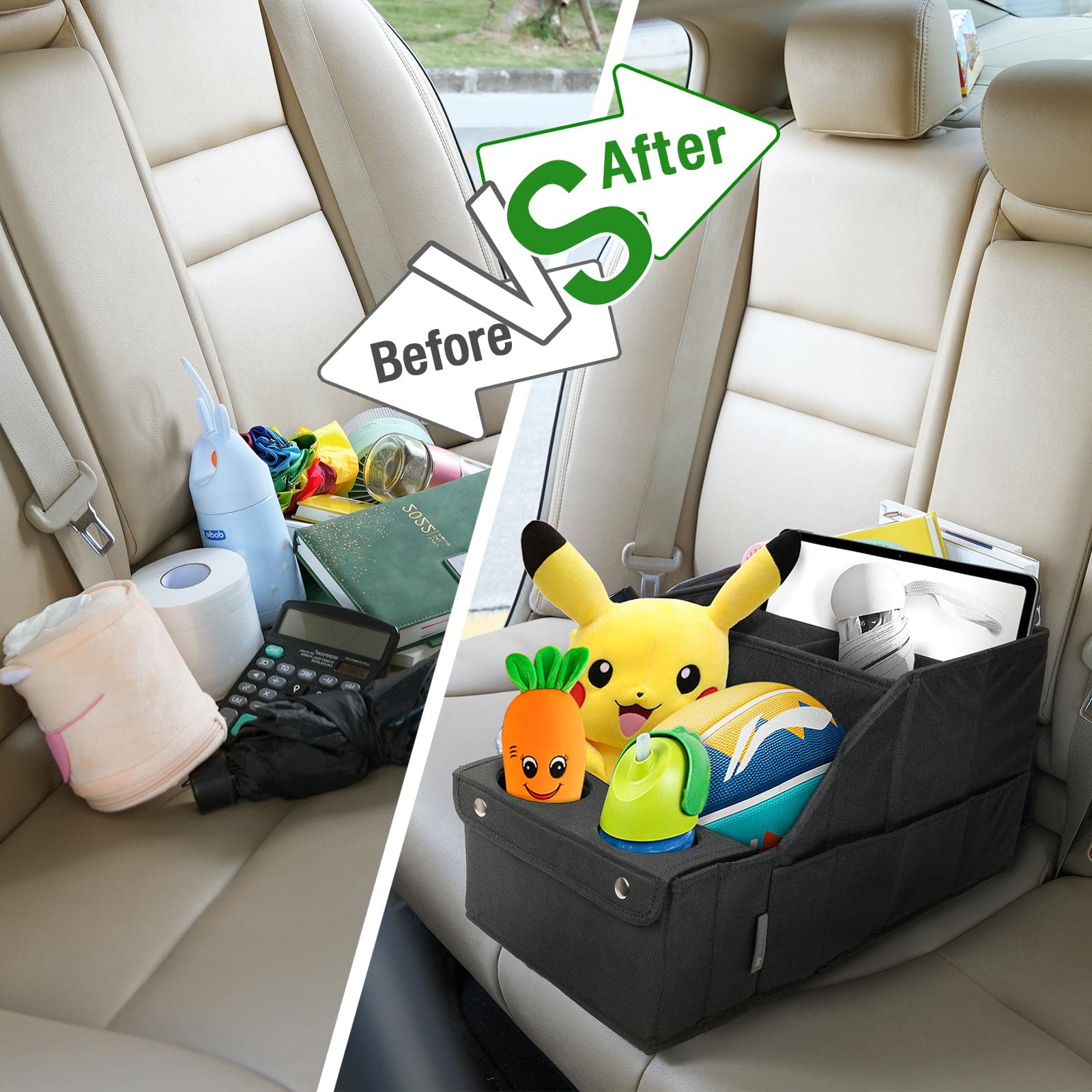 MULISOFT organizador instalado en el coche con niños y objetos ordenados