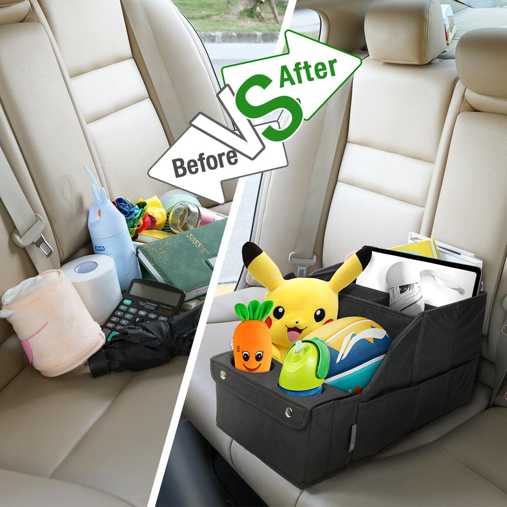 MULISOFT organizador instalado en el coche con niños y objetos ordenados