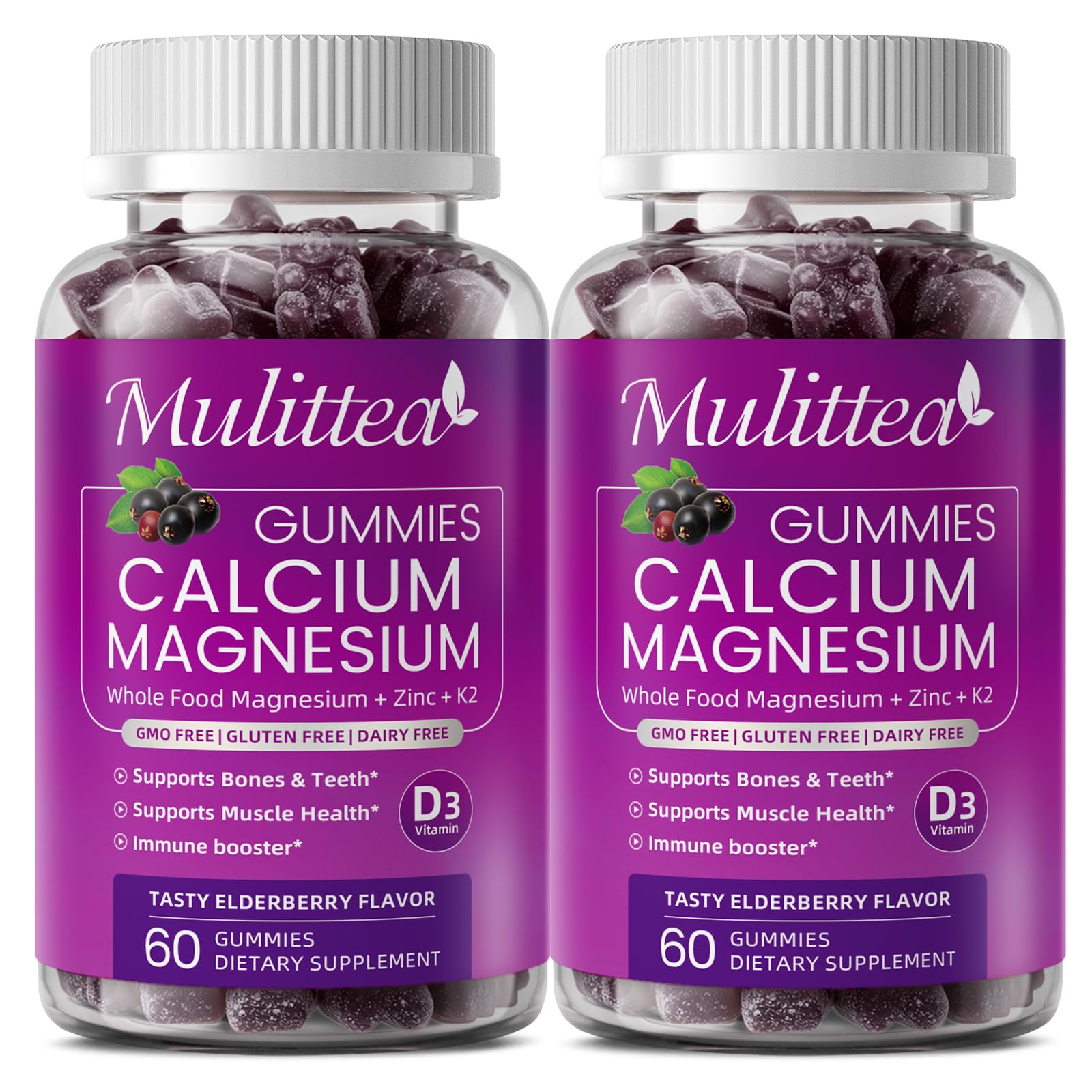 Mulittea front packaging showing vegan calcium gummies and benefits