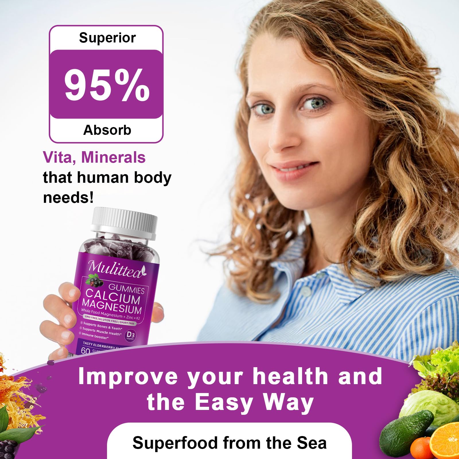 Mulittea supplement label close-up listing D3, K2, algal calcium benefits
