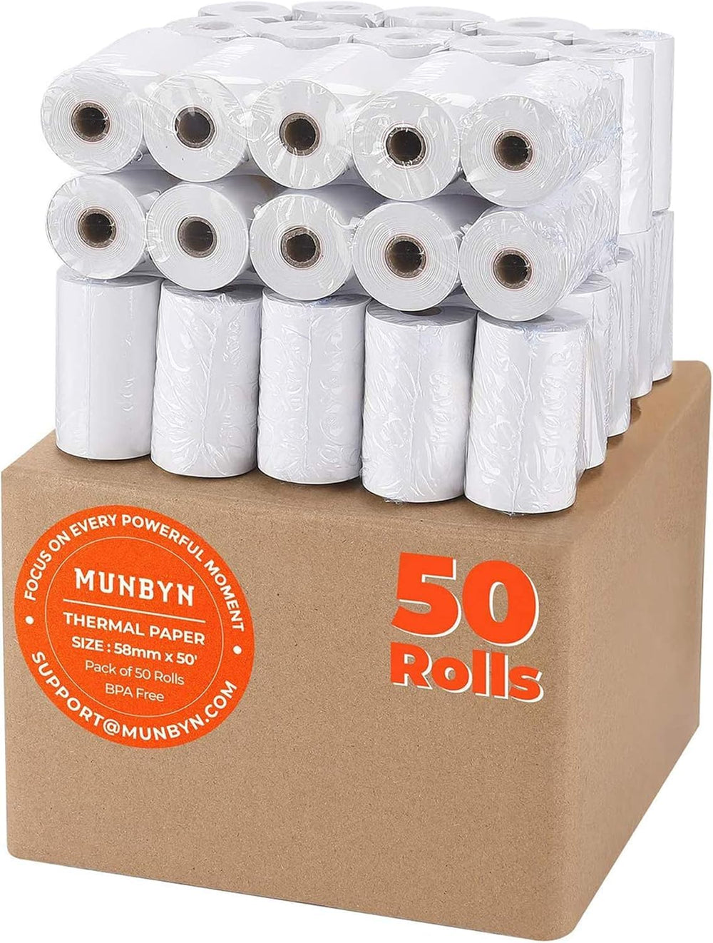 MUNBYN vista frontal del paquete de 50 rollos que garantiza suministro prolongado