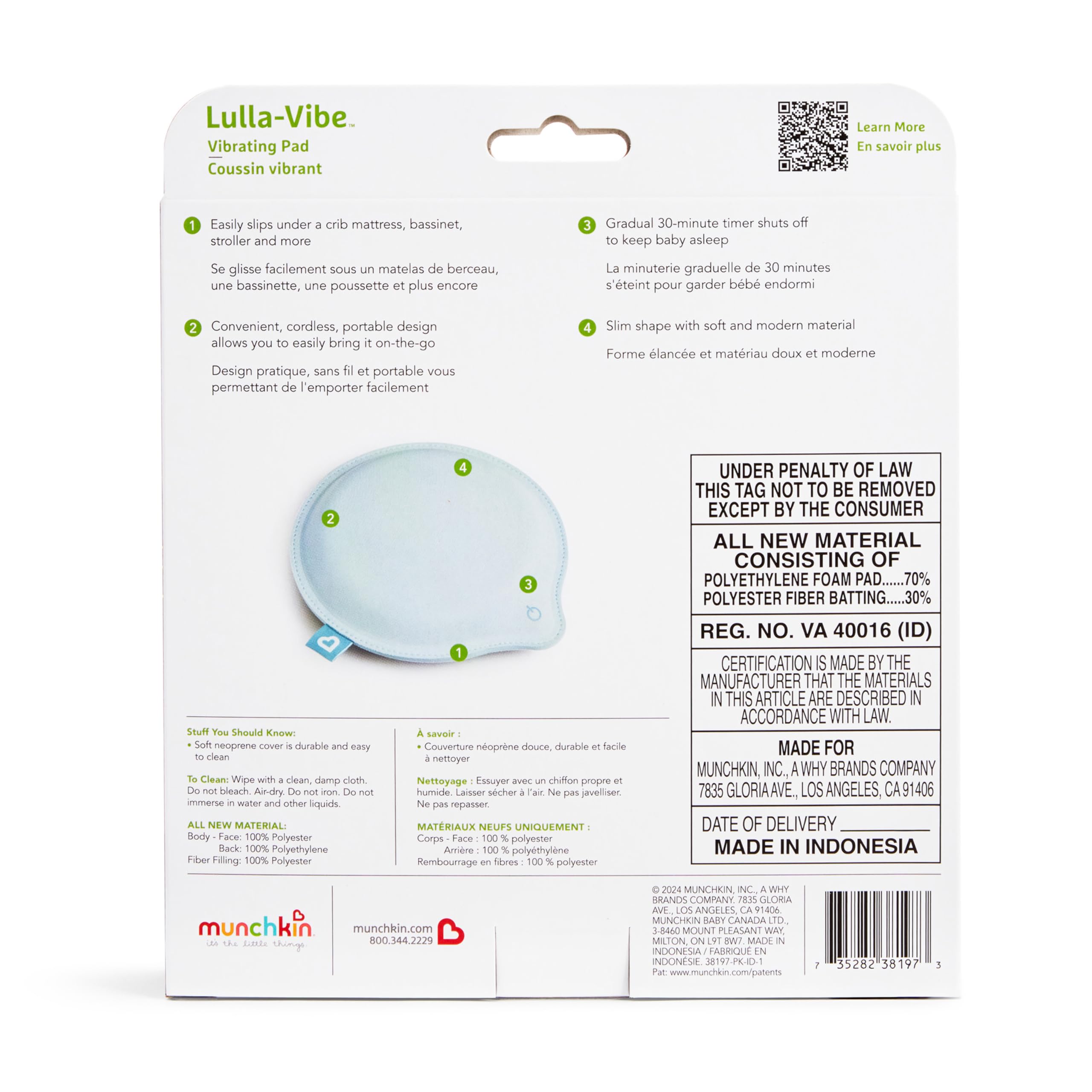 Munchkin Lulla-Vibe con cable USB-C incluido para recarga práctica