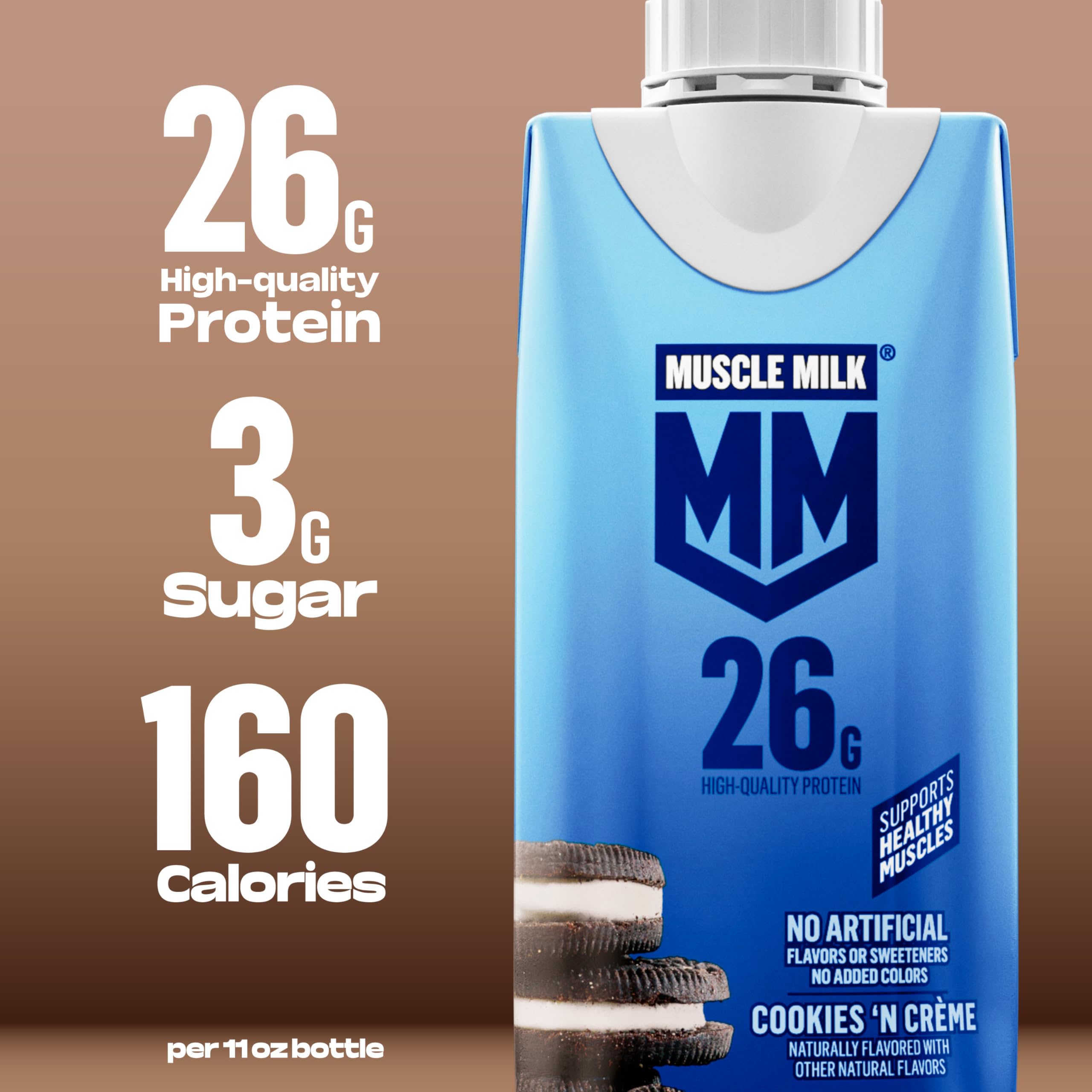 Muscle Milk envase de 11 oz en mano para ilustrar tamaño y portabilidad