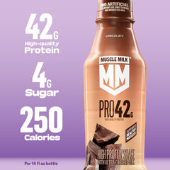 Muscle Milk botella en mano mostrando tamaño 14 fl oz y portabilidad