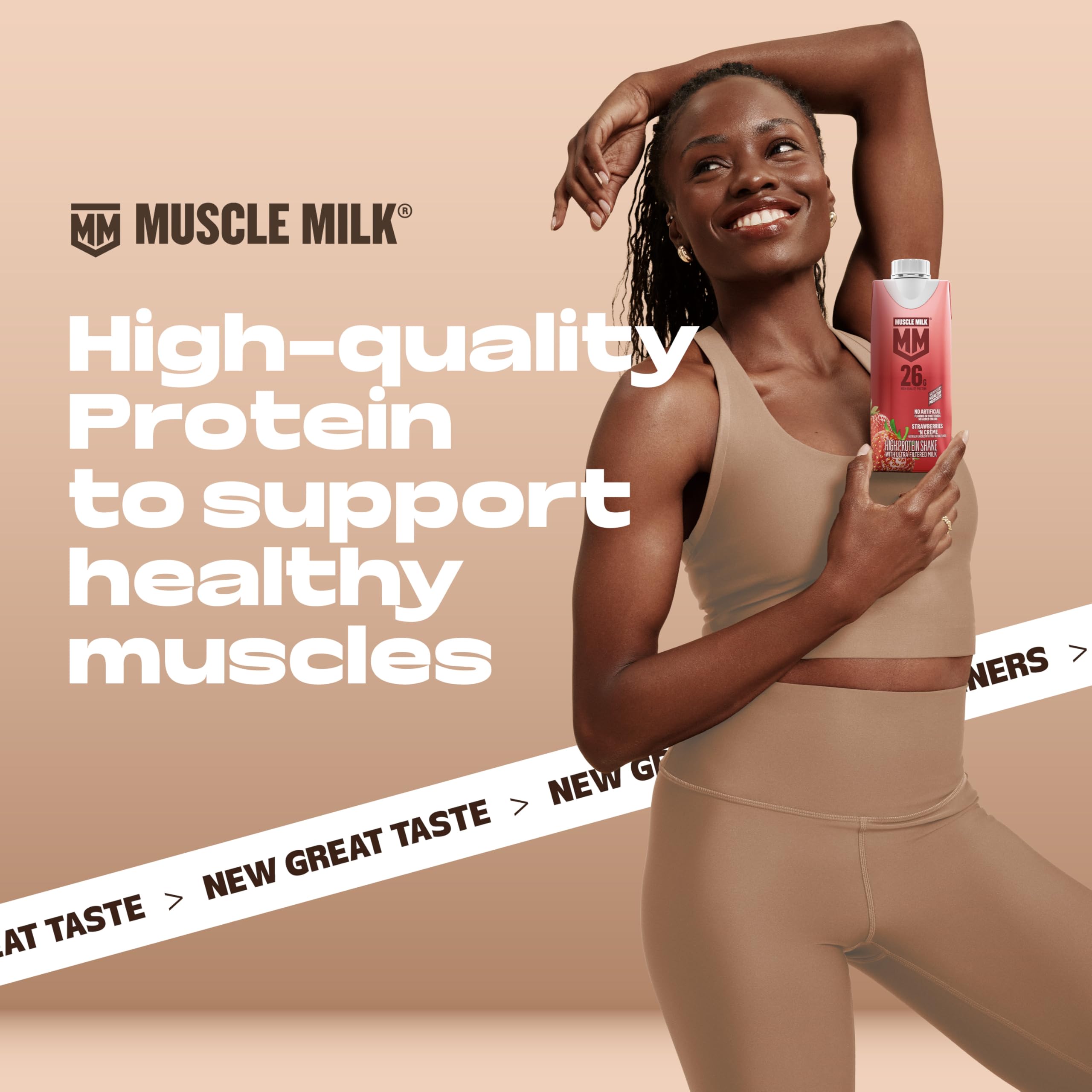 Muscle Milk comparación de tamaño del cartón 11 fl oz junto a una botella para escala