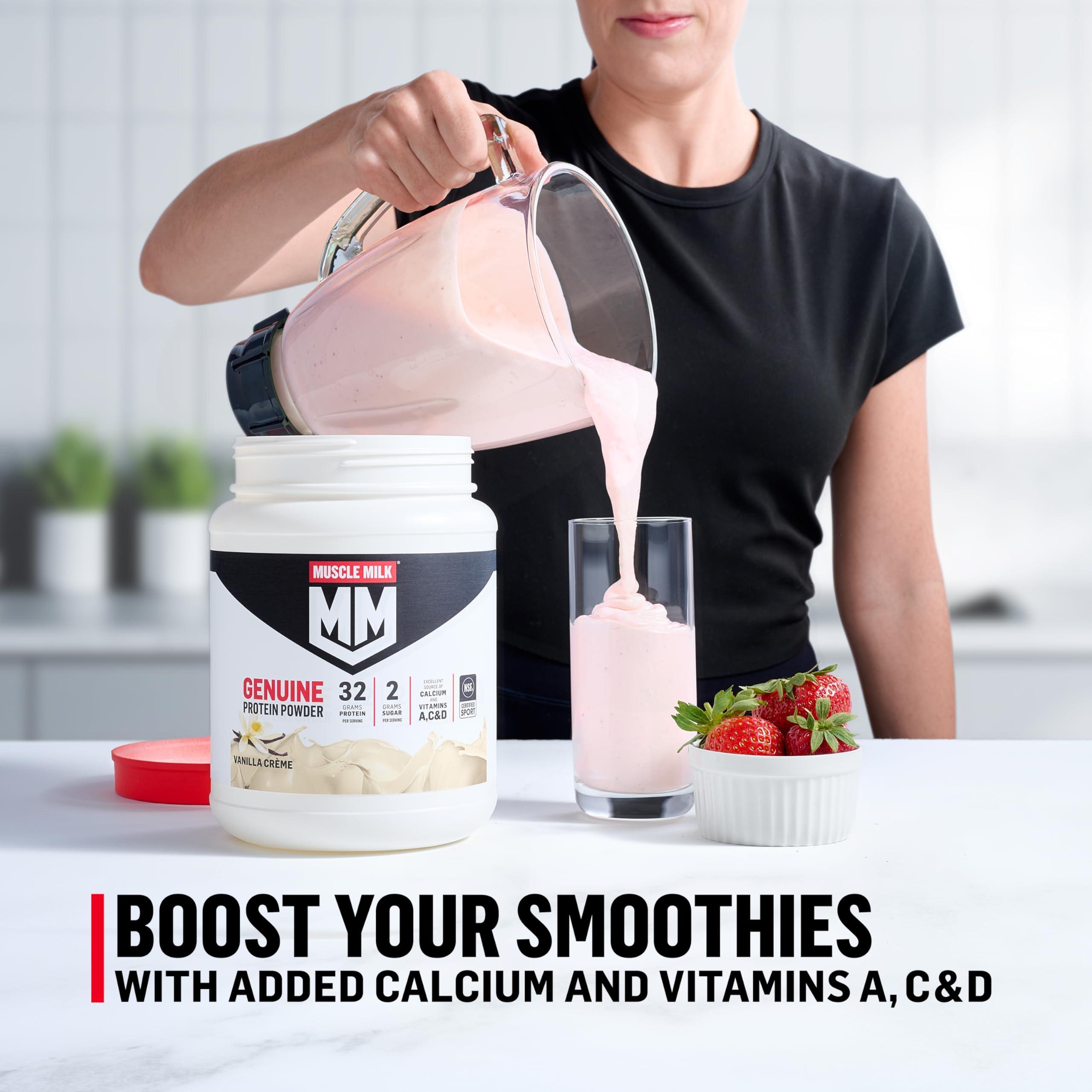 Muscle Milk comparación de cucharas medidoras mostrando cantidad por porción