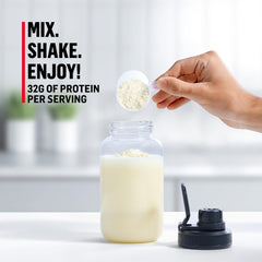 Muscle Milk envase abierto con cucharada dosificadora para porciones precisas