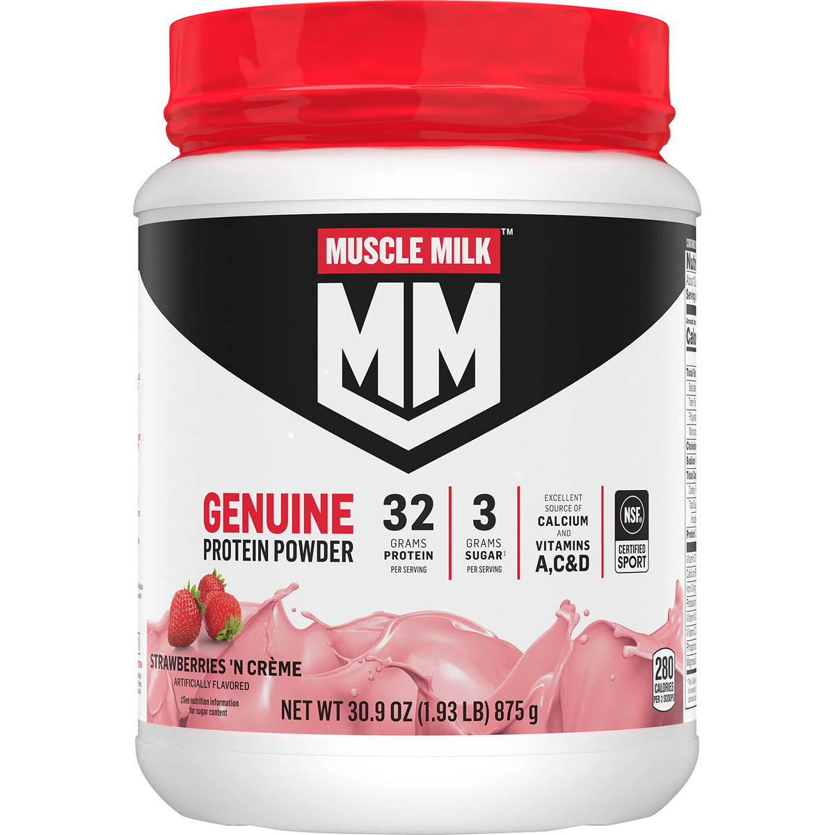 Muscle Milk envase frontal mostrando sabor Strawberries ’N Crème y beneficios