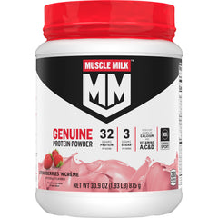 Muscle Milk envase frontal mostrando sabor Strawberries ’N Crème y beneficios