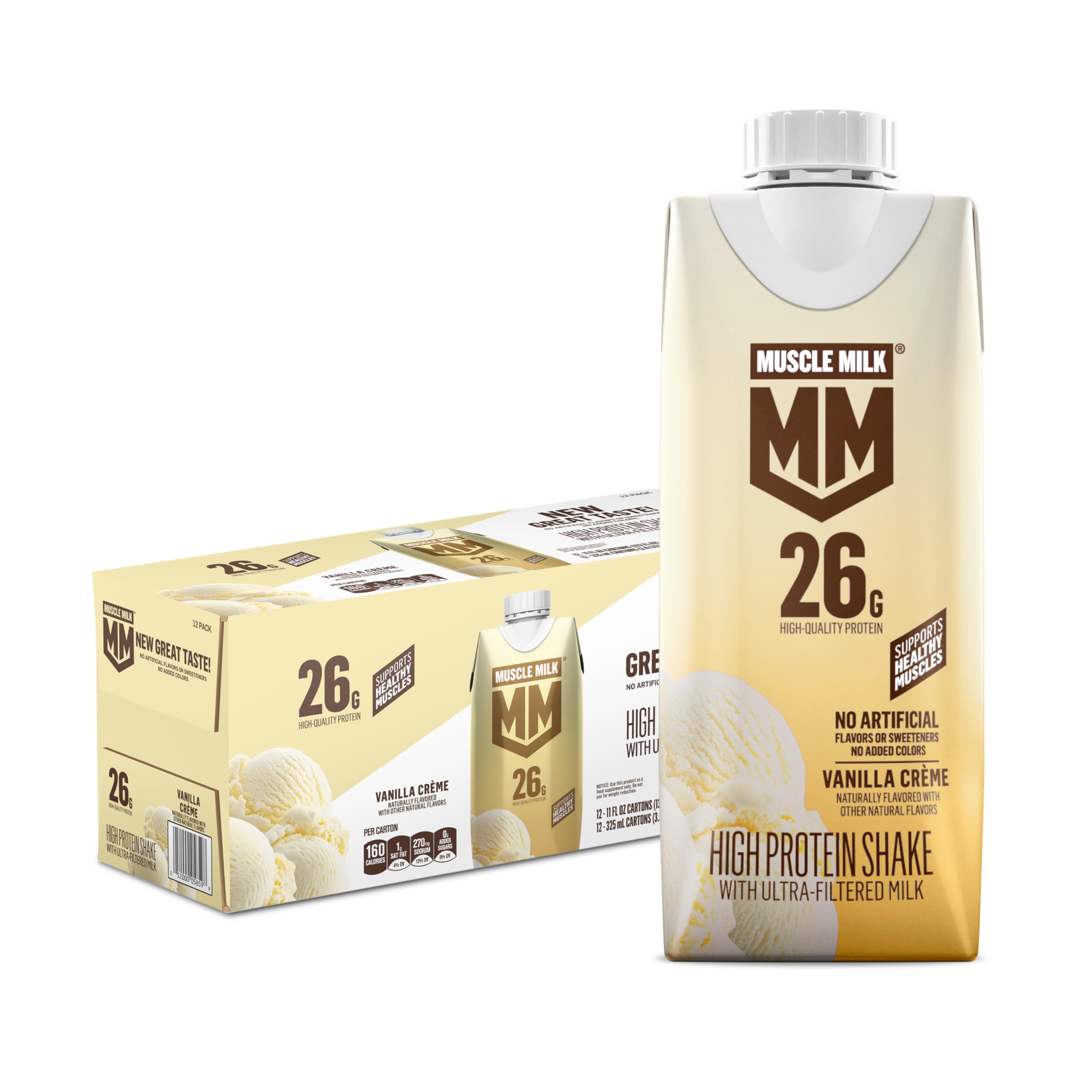 Muscle Milk vista frontal del cartón mostrando el sabor Vainilla Crème y conveniencia