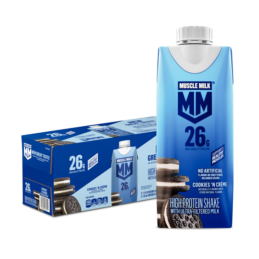 Muscle Milk frente del cartón Cookies'n Creme mostrando diseño y conveniencia