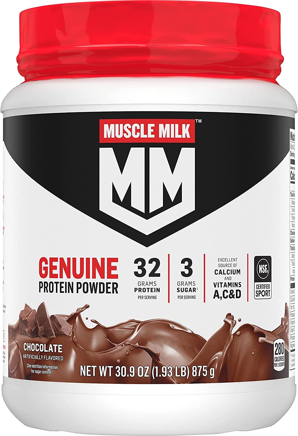 Muscle Milk envase frente mostrando tamaño y sabor chocolate, confianza en la calidad
