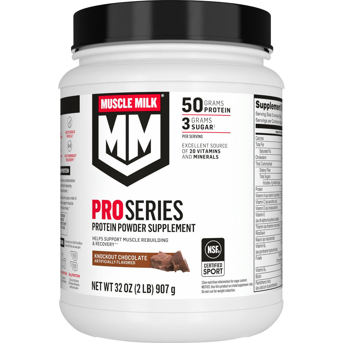 Muscle Milk envase frontal mostrando diseño y sabor knockout chocolate