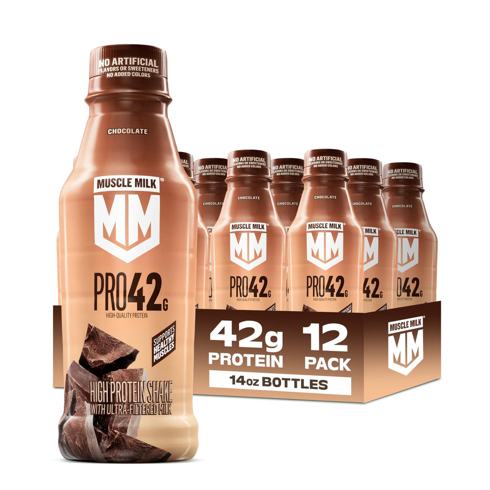 Muscle Milk vista frontal del paquete de 12 botellas, conveniencia para entrenamiento