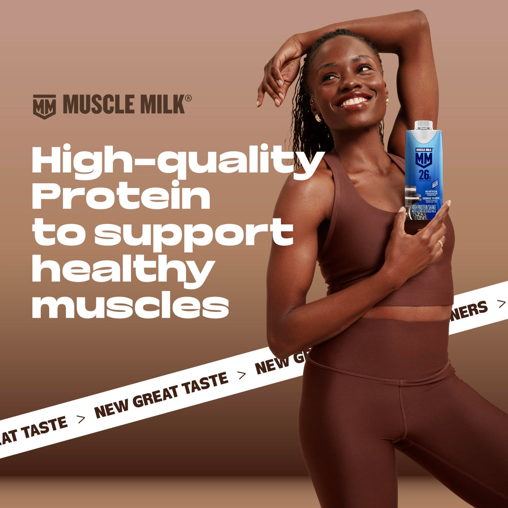 Muscle Milk etiqueta nutricional con proteína, calcio y vitaminas visibles