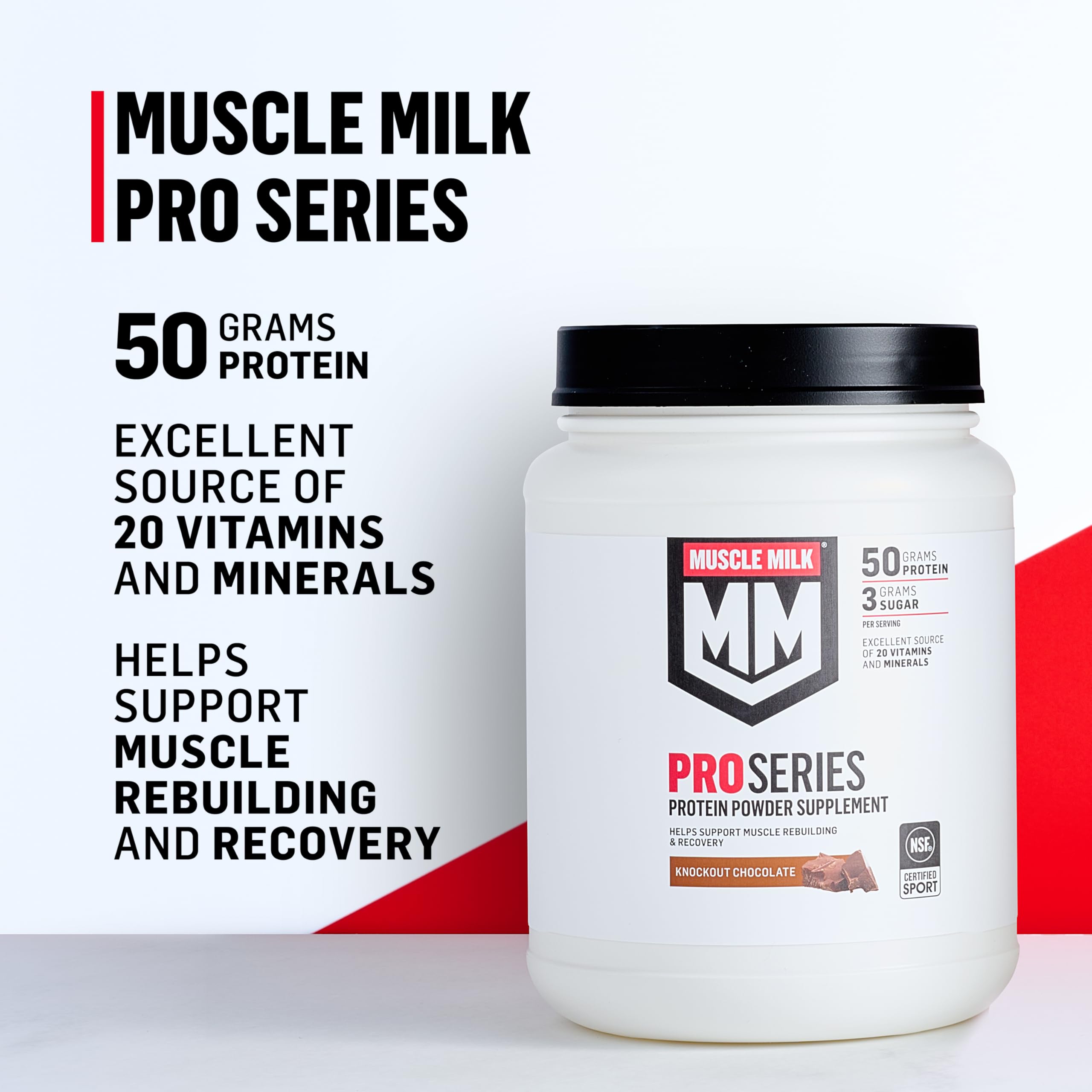 Muscle Milk cucharada con porción de polvo destacando 50 g de proteína