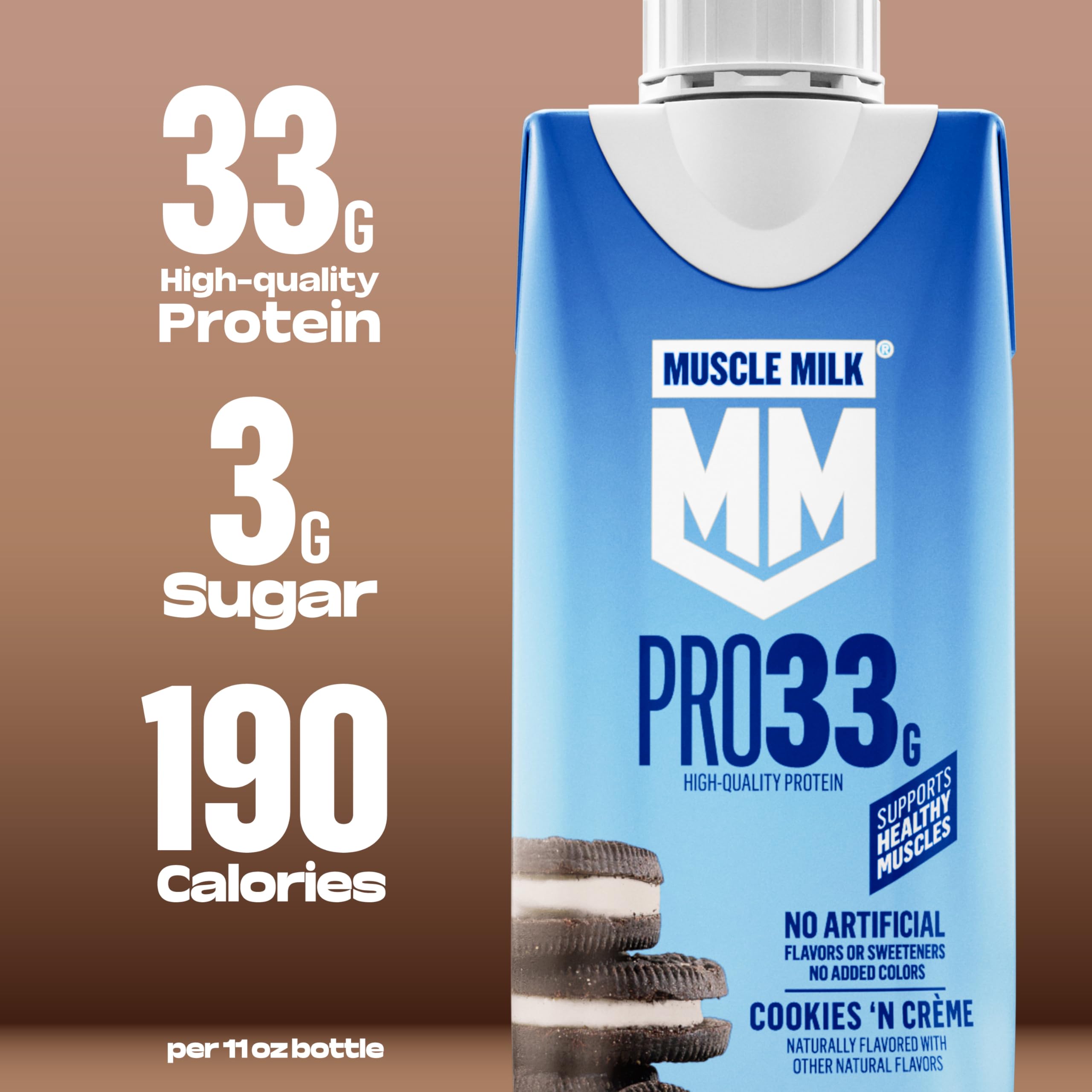 Muscle Milk cartón abierto con etiqueta visible, información clara