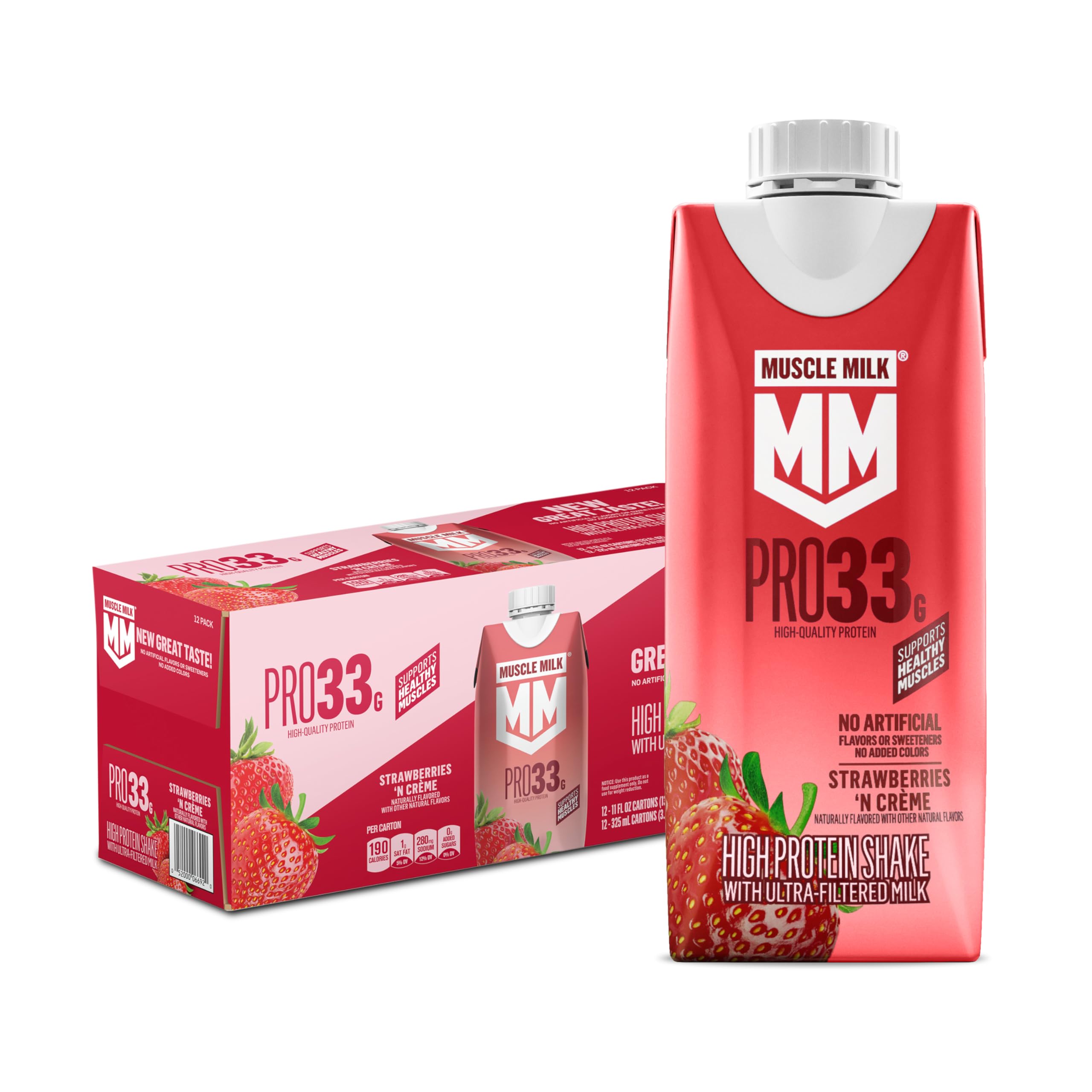 Muscle Milk frontal del pack de 12 mostrando diseño y sabor fresa, conveniencia inmediata