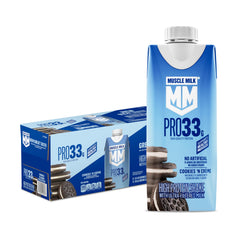 Muscle Milk pack frontal mostrando 12 cartones, conveniencia instantánea
