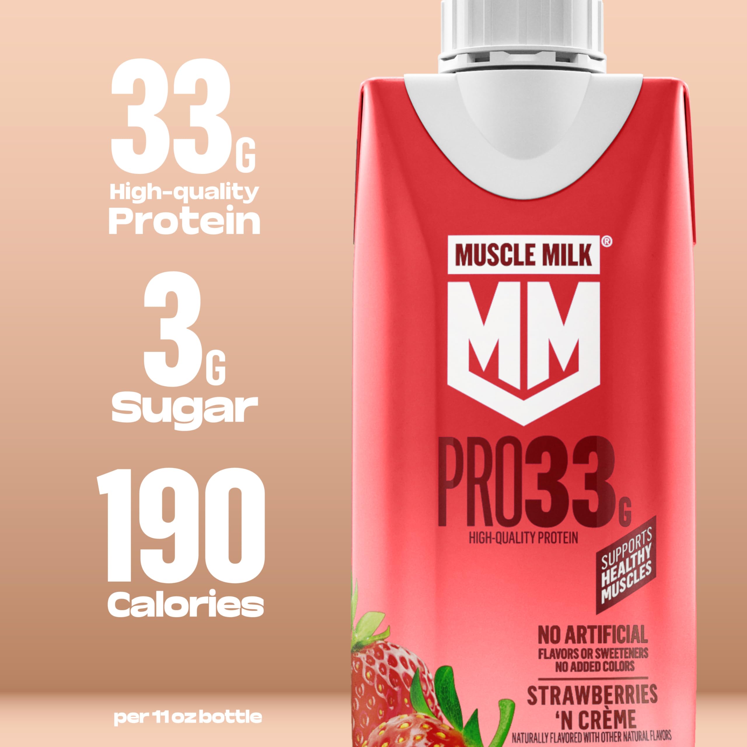 Textura cremosa en vaso de Muscle Milk Pro fresa mostrando aspecto apetecible