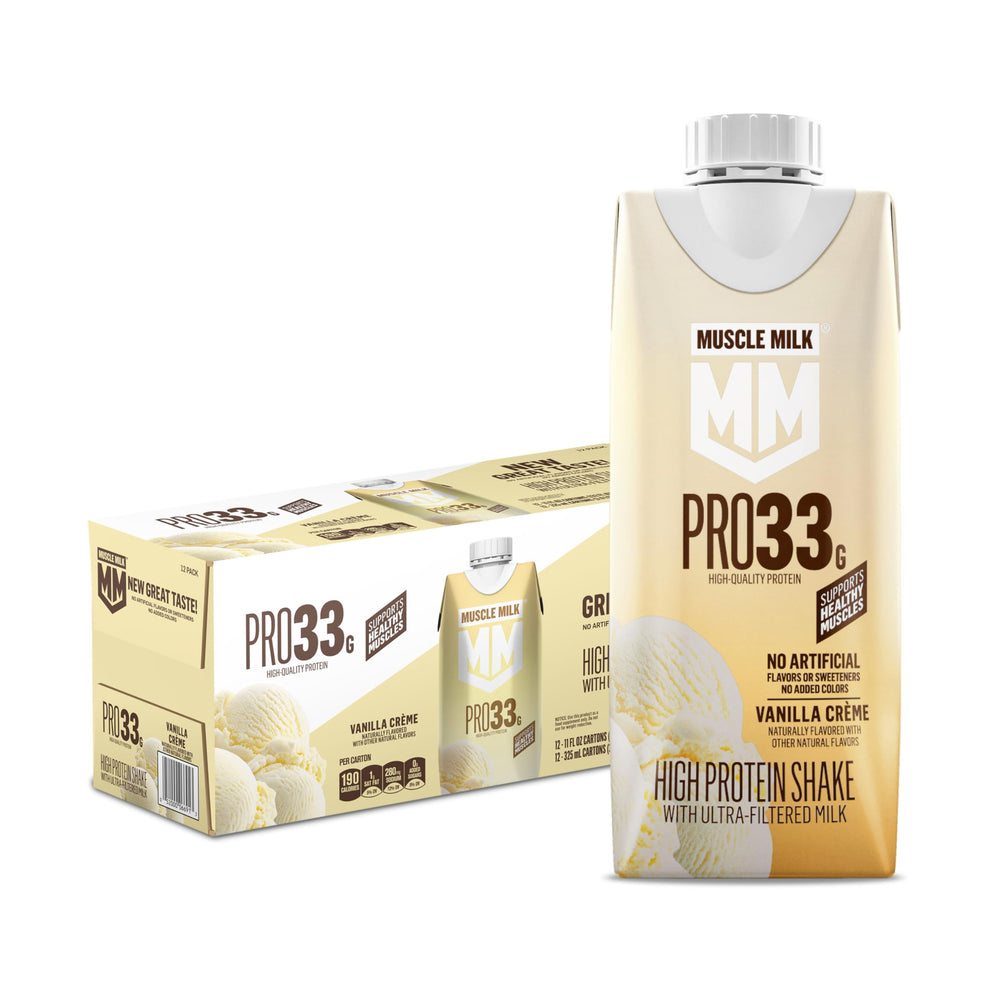 Muscle Milk envase frontal Vainilla Crème mostrando diseño y beneficio práctico