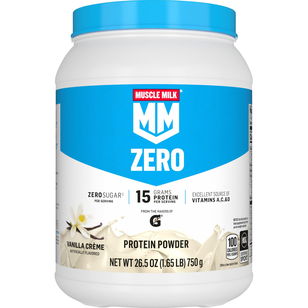 Muscle Milk envase frontal Vainilla mostrando el tamaño y datos clave