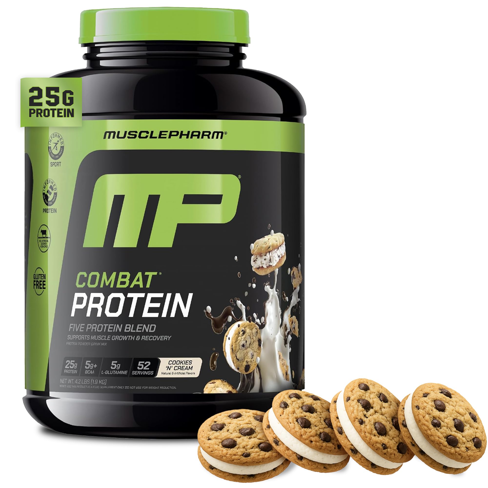 MusclePharm envase frontal Cookies ‘N’ Cream mostrando etiqueta y tamaño