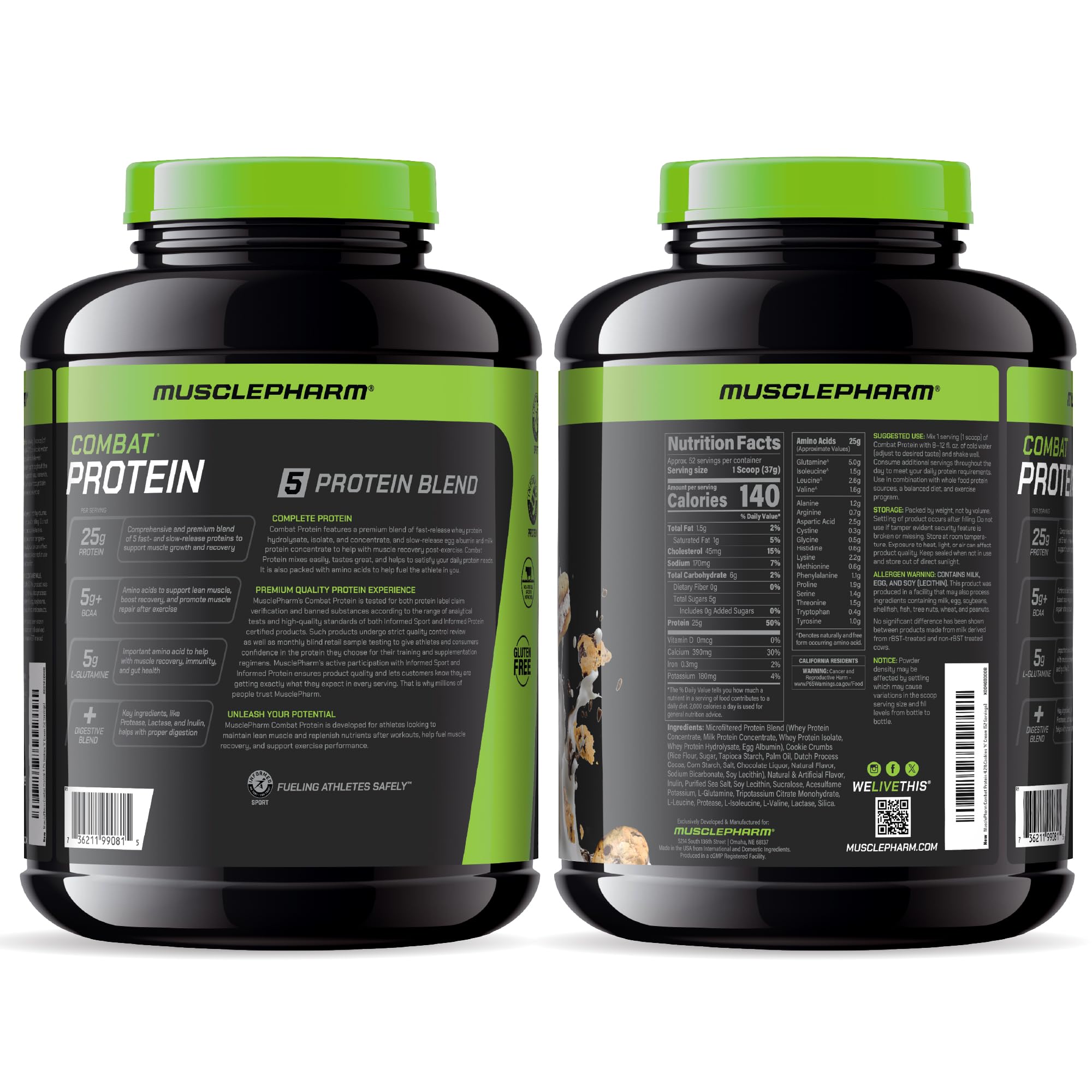 MusclePharm ingredientes en primer plano para destacar las cinco fuentes proteicas