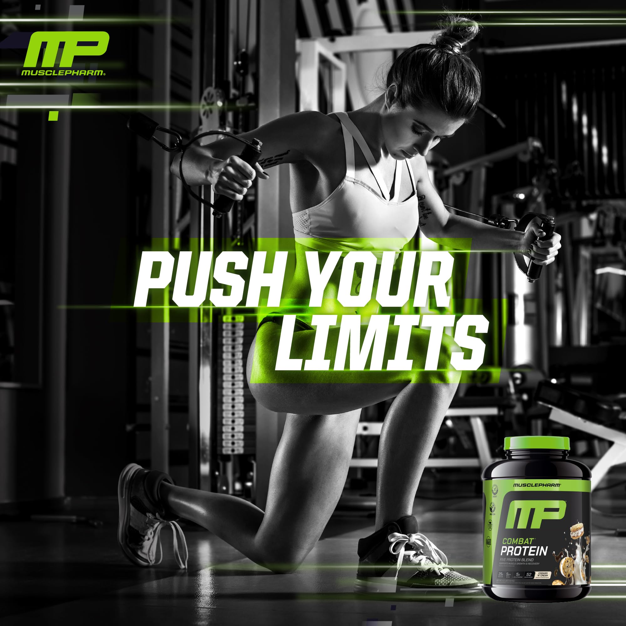 MusclePharm uso en gimnasio junto a mancuernas para contexto de entrenamiento