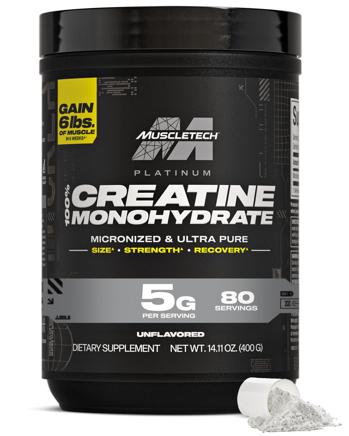 MuscleTech envase frontal mostrando diseño y 80 servicios, claridad del producto