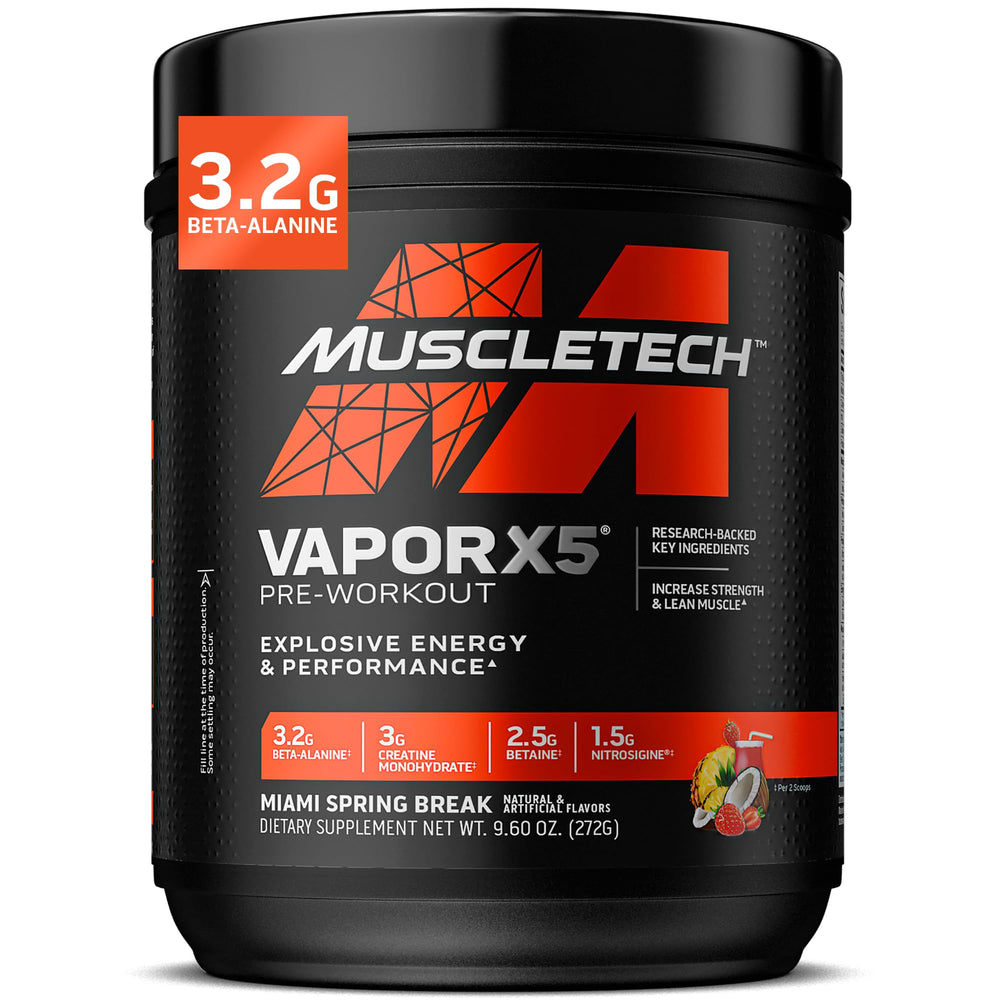 MuscleTech envase frontal Vapor X5 mostrando diseño y sabor Miami Spring Break
