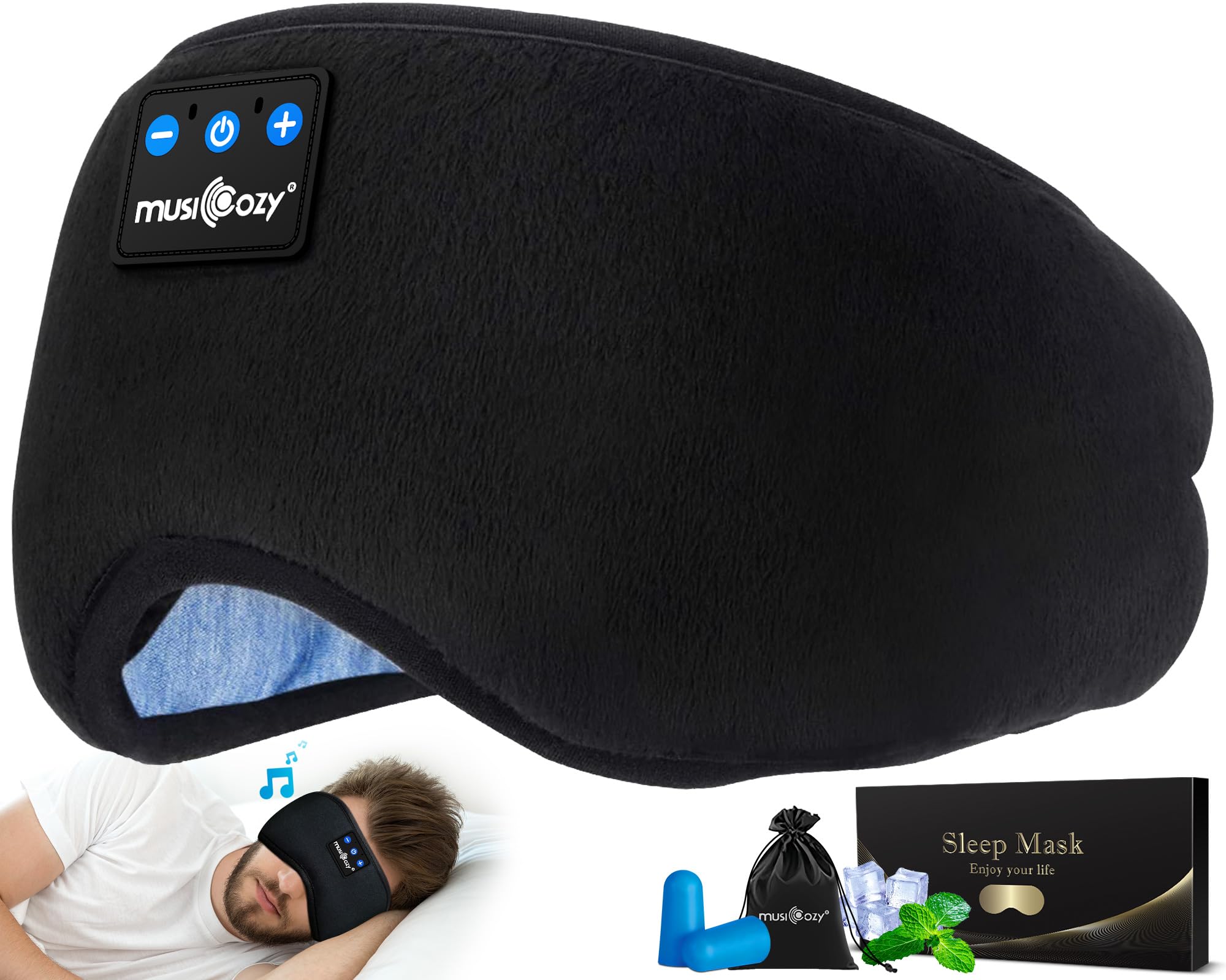 MUSICOZY front close-up showing plush velvet mask and complete blackout benefit